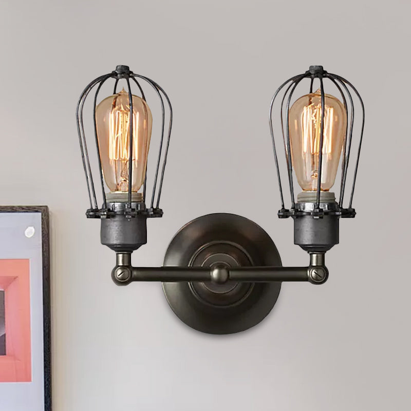 Industrial Style Caged Wall Sconce Lighting with Bulb Shade 2 Lights Metal Mini Wall Light in Copper/Aged Silver