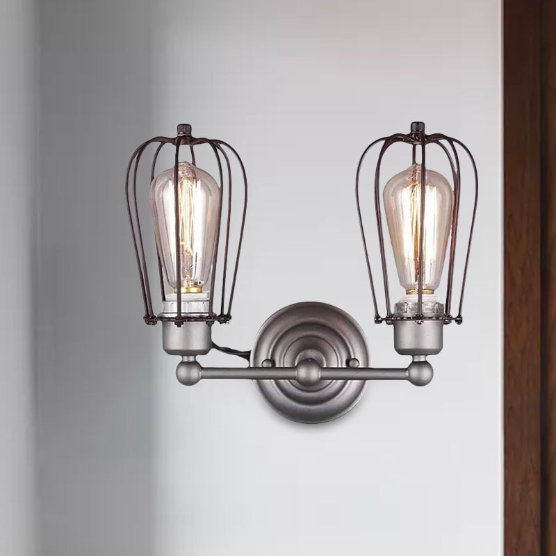 Industrial Style Caged Wall Sconce Lighting with Bulb Shade 2 Lights Metal Mini Wall Light in Copper/Aged Silver