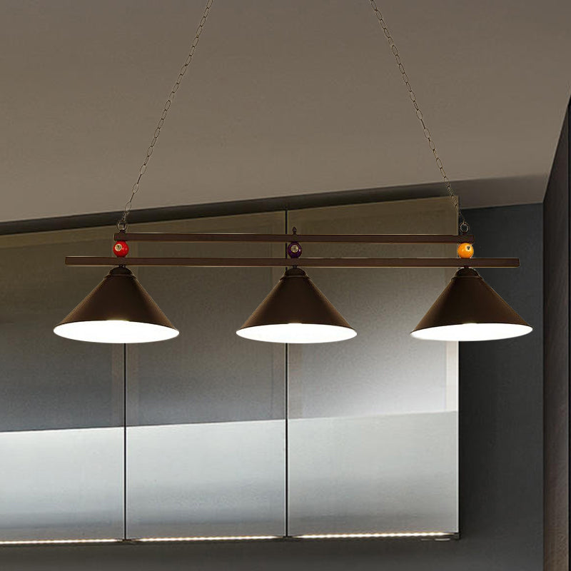 Industrial Style Cone Shade Ceiling Pendant 3 Heads Metal Island Lighting with Billiard Ball Deco in Black/Red