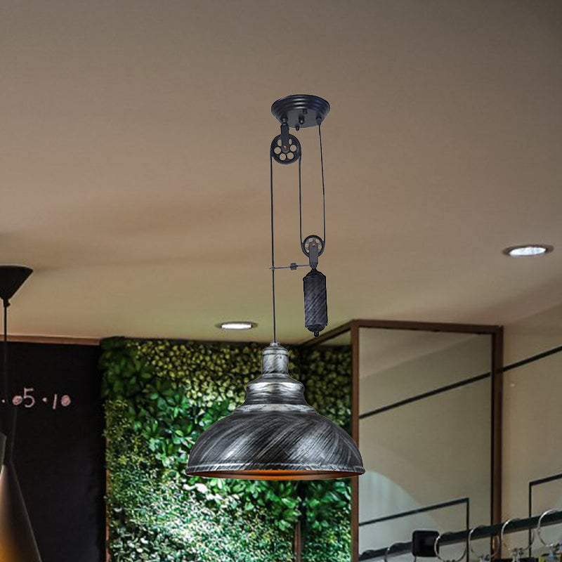 Rustic Industrial Dome Hanging Lamp with Pulley 1 Light Metal Pendant Light Fixture in Brown/Grey for Living Room