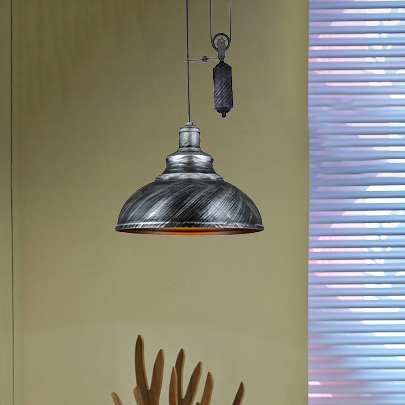 Rustic Industrial Dome Hanging Lamp with Pulley 1 Light Metal Pendant Light Fixture in Brown/Grey for Living Room