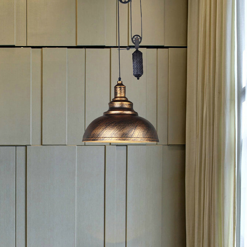 Rustic Industrial Dome Hanging Lamp with Pulley 1 Light Metal Pendant Light Fixture in Brown/Grey for Living Room