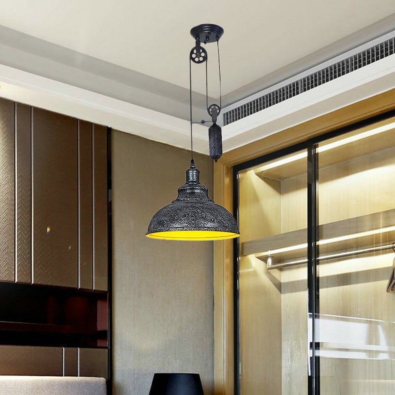 Rustic Industrial Dome Hanging Lamp with Pulley 1 Light Metal Pendant Light Fixture in Brown/Grey for Living Room
