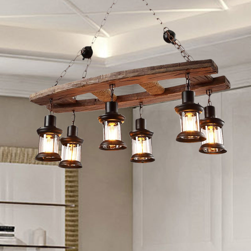 Clear Glass Black Island Pendant Lantern 6-Light Rustic Hanging Light Kit with Wooden Board