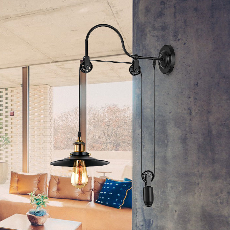 1 Bulb Flat Wall Mounted Lamp Industrial Style Black Metallic Adjustable Wall Lighting Fixture with Pulley Design