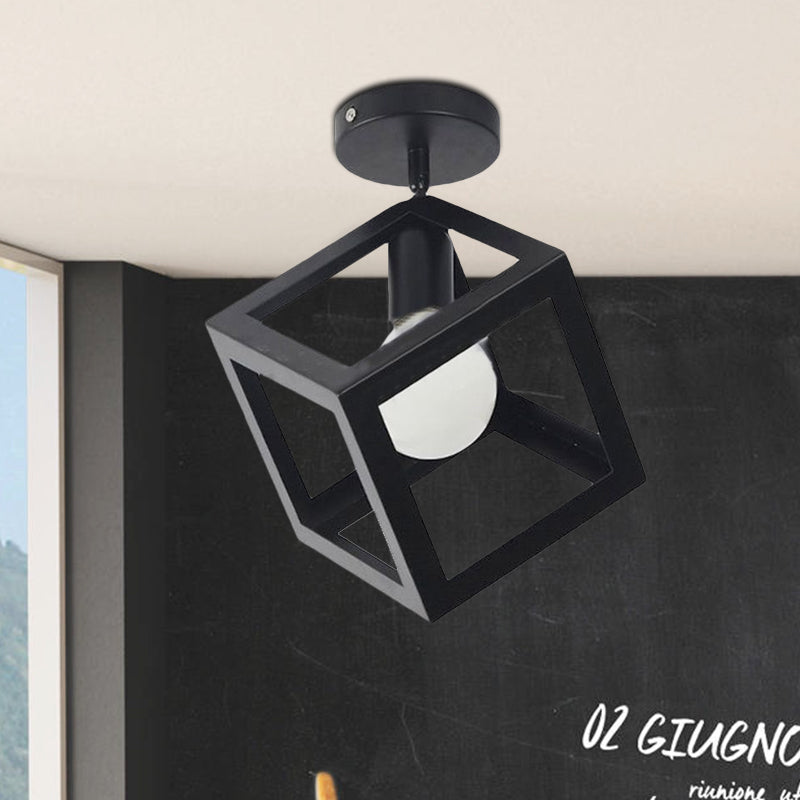 1 Light Squared Ceiling Mounted Light with Wire Guard Loft Style Black/Gray Metallic Semi-Flush Lighting for Bedroom