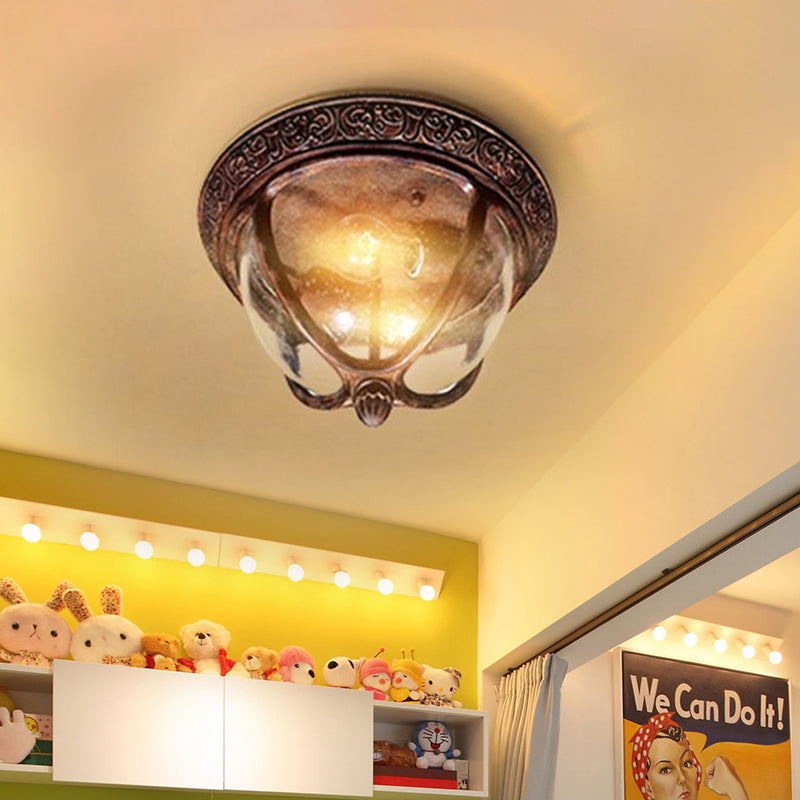 Copper Bowl Flush Lighting Vintage Seeded Glass 2 Bulbs Outdoor Flush Lighting for Balcony