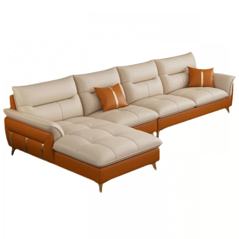 Genuine Leather Sectional Sofa 35.82" High Cream Sofa with Cushion Back