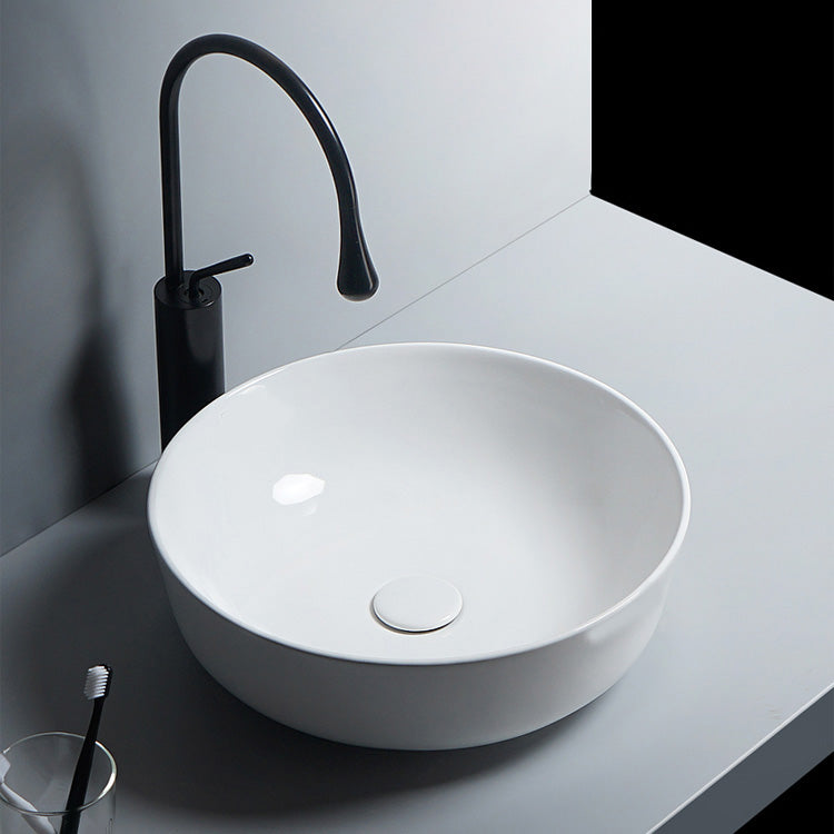 Modern Bathroom Sink Porcelain Round Vessel Lavatory Sink with Pop-Up Drain