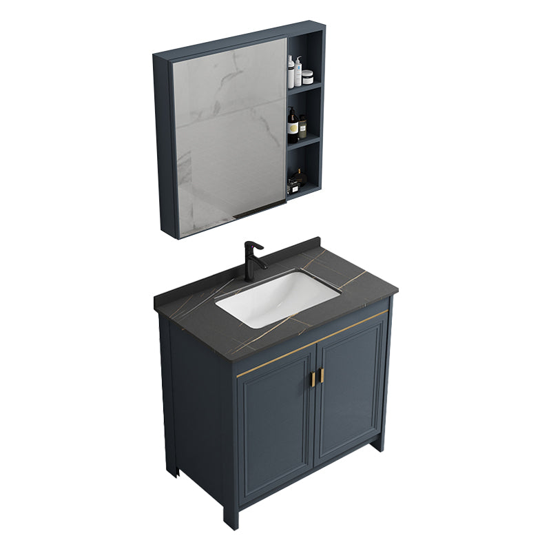 Blue Bathroom Vanity Metal Frame Single Sink Rectangle Mirror Bath Vanity with 2 Doors
