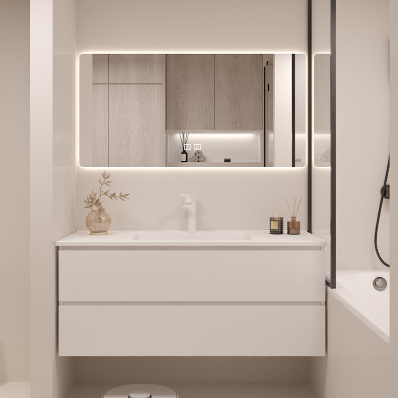 White Bathroom Vanity Wood Rectangle Single Sink Wall Mount 2 Drawers Vanity Set