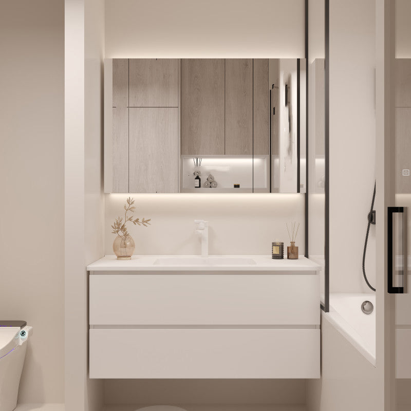 White Bathroom Vanity Wood Rectangle Single Sink Wall Mount 2 Drawers Vanity Set