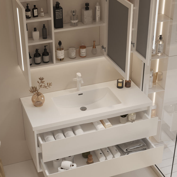 White Bathroom Vanity Wood Rectangle Single Sink Wall Mount 2 Drawers Vanity Set