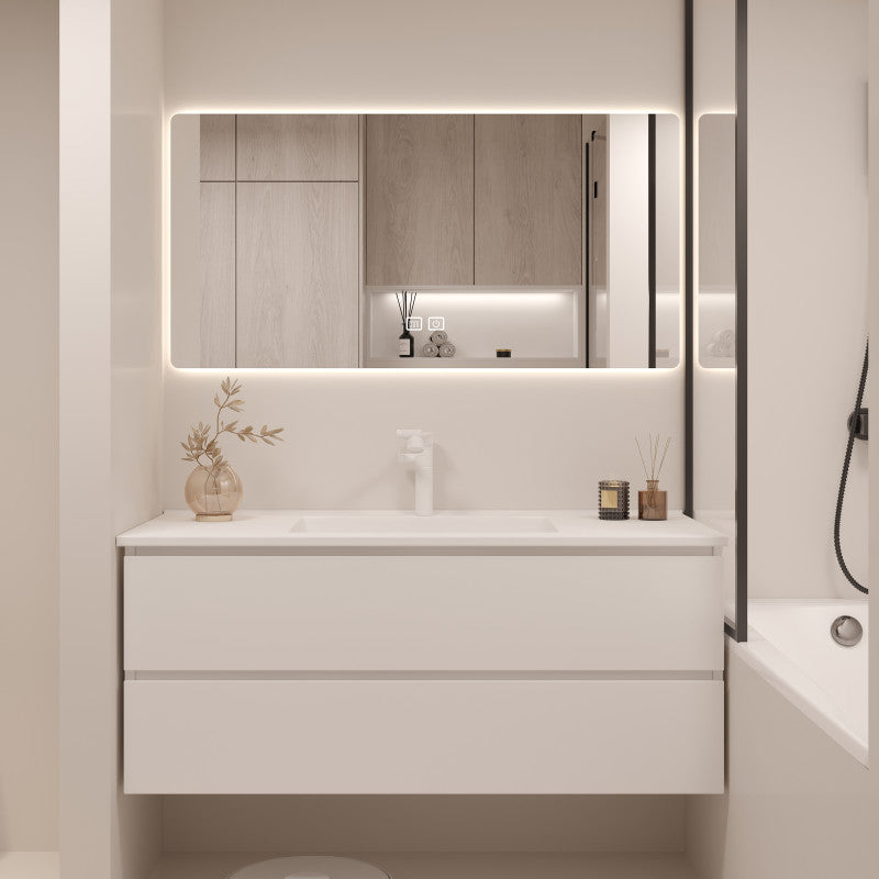 White Bathroom Vanity Wood Rectangle Single Sink Wall Mount 2 Drawers Vanity Set