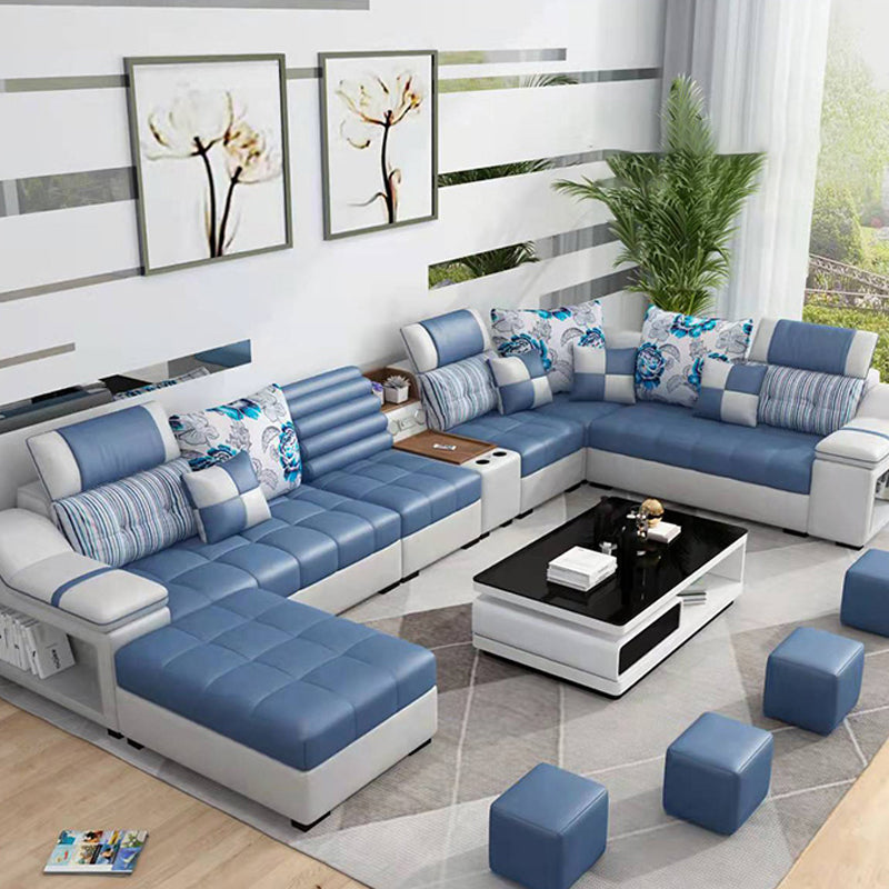 Faux Leather Sofa and Chaise Pillow Top Arm Sofa with Storage in Blue