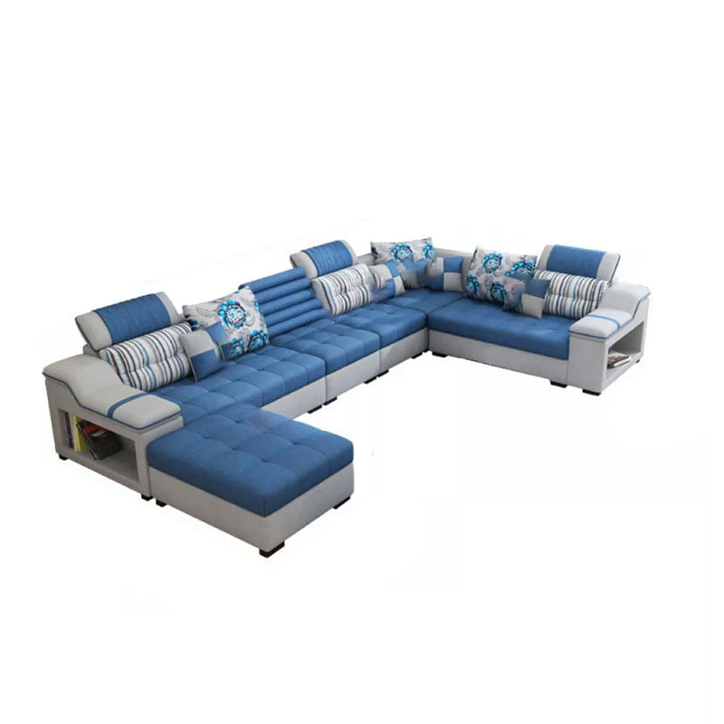 Faux Leather Sofa and Chaise Pillow Top Arm Sofa with Storage in Blue