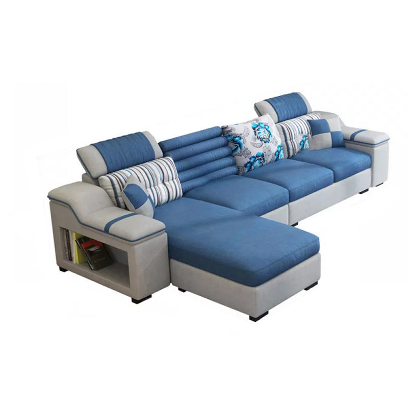 Faux Leather Sofa and Chaise Pillow Top Arm Sofa with Storage in Blue