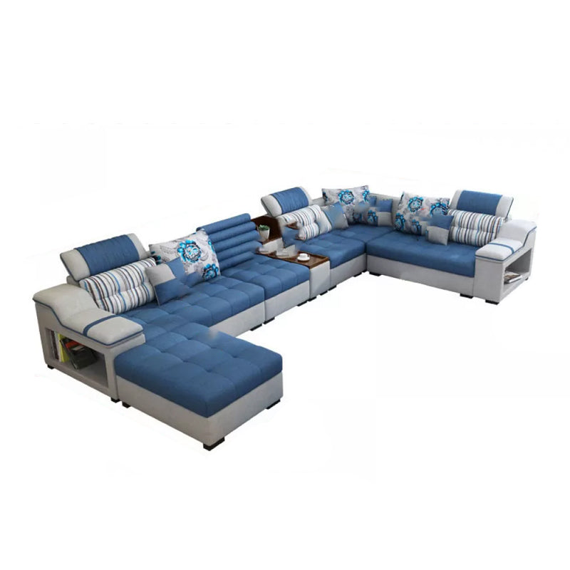 Faux Leather Sofa and Chaise Pillow Top Arm Sofa with Storage in Blue