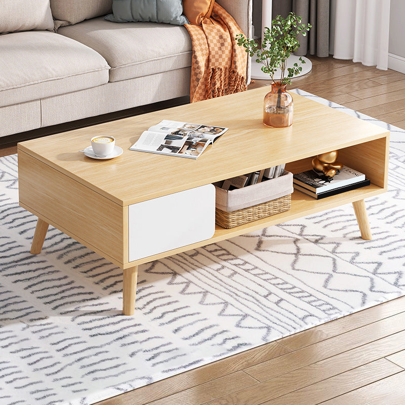 Rectangle Wood Coffee Table 4 Legs Single Coffee Table with Drawer