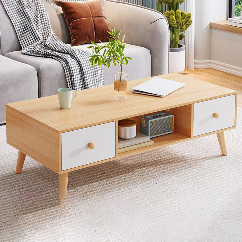 Rectangle Wood Coffee Table 4 Legs Single Coffee Table with Drawer