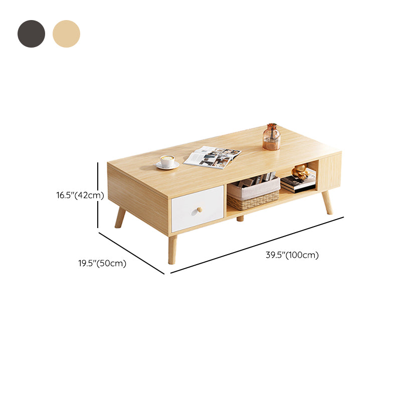 Rectangle Wood Coffee Table 4 Legs Single Coffee Table with Drawer