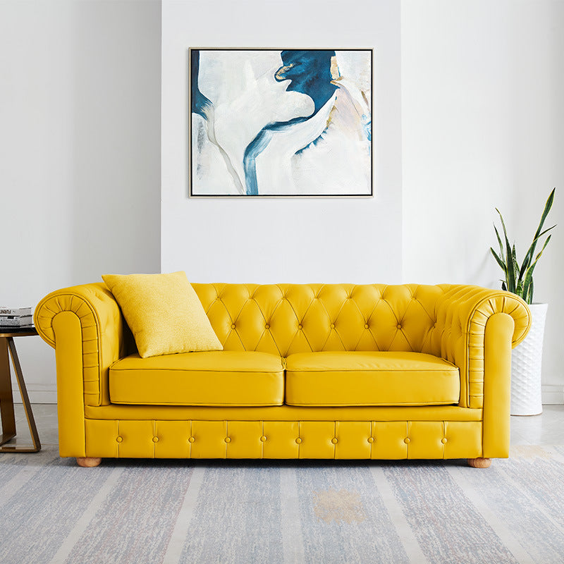 Solid Color Faux Leather Chesterfield Sofa Rolled Arm Tufted Back Sofa