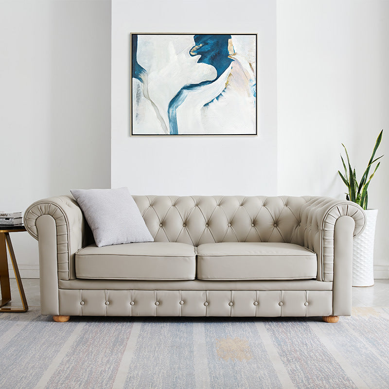 Solid Color Faux Leather Chesterfield Sofa Rolled Arm Tufted Back Sofa
