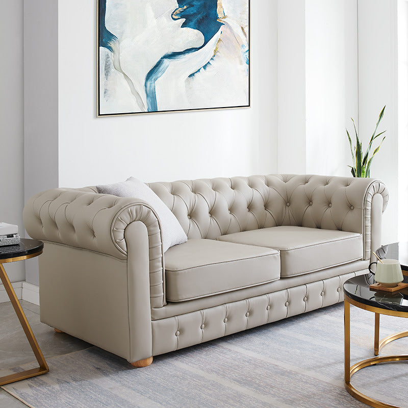 Solid Color Faux Leather Chesterfield Sofa Rolled Arm Tufted Back Sofa