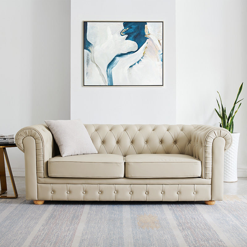 Solid Color Faux Leather Chesterfield Sofa Rolled Arm Tufted Back Sofa