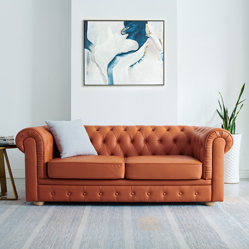 Solid Color Faux Leather Chesterfield Sofa Rolled Arm Tufted Back Sofa