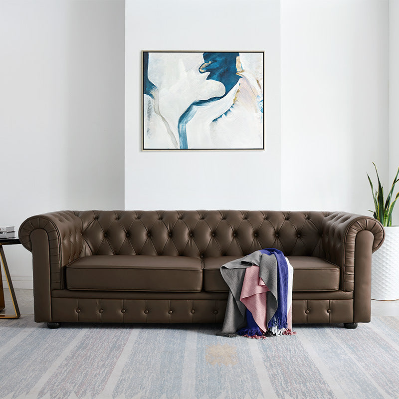Solid Color Faux Leather Chesterfield Sofa Rolled Arm Tufted Back Sofa