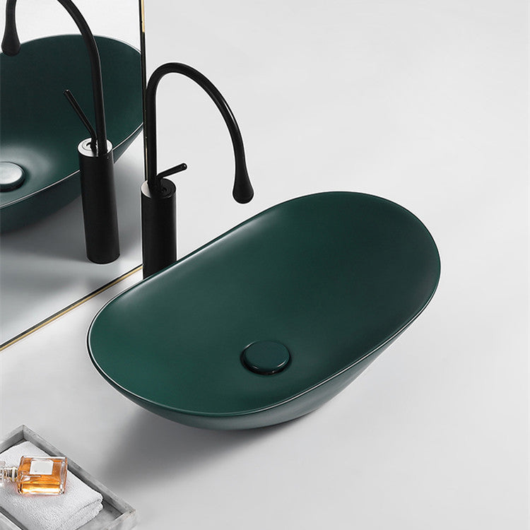 Modern Vessel Bathroom Sink Porcelain Oval with Pop-Up Drain and Faucet Vessel Sink