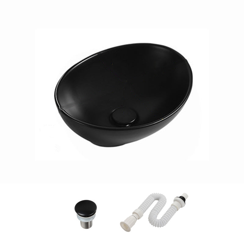 Modern Vessel Bathroom Sink Porcelain Oval with Pop-Up Drain and Faucet Vessel Sink