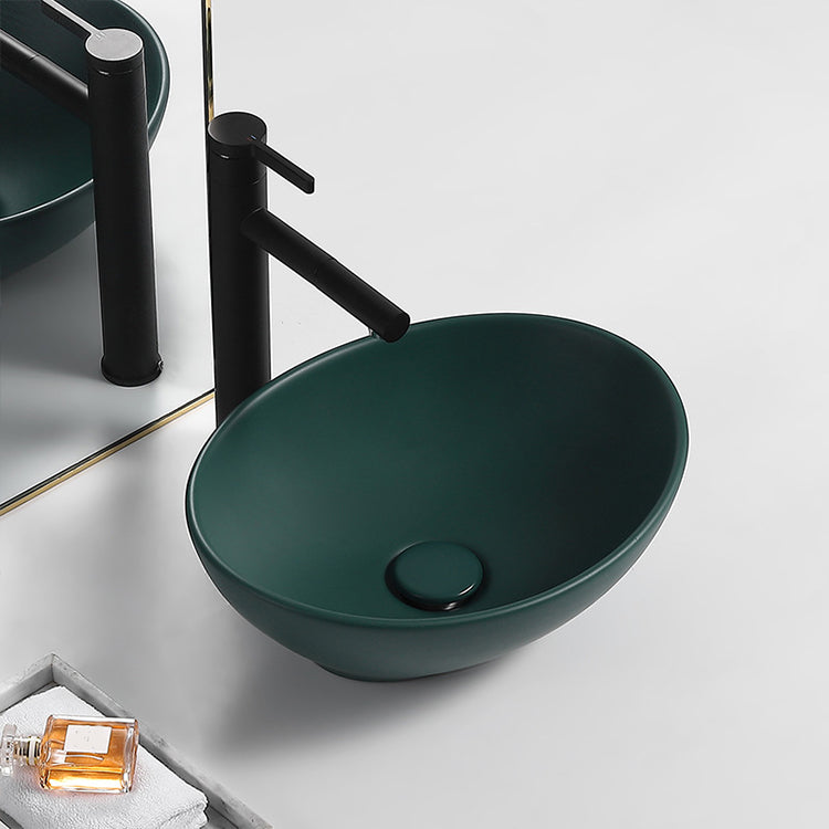 Modern Vessel Bathroom Sink Porcelain Oval with Pop-Up Drain and Faucet Vessel Sink