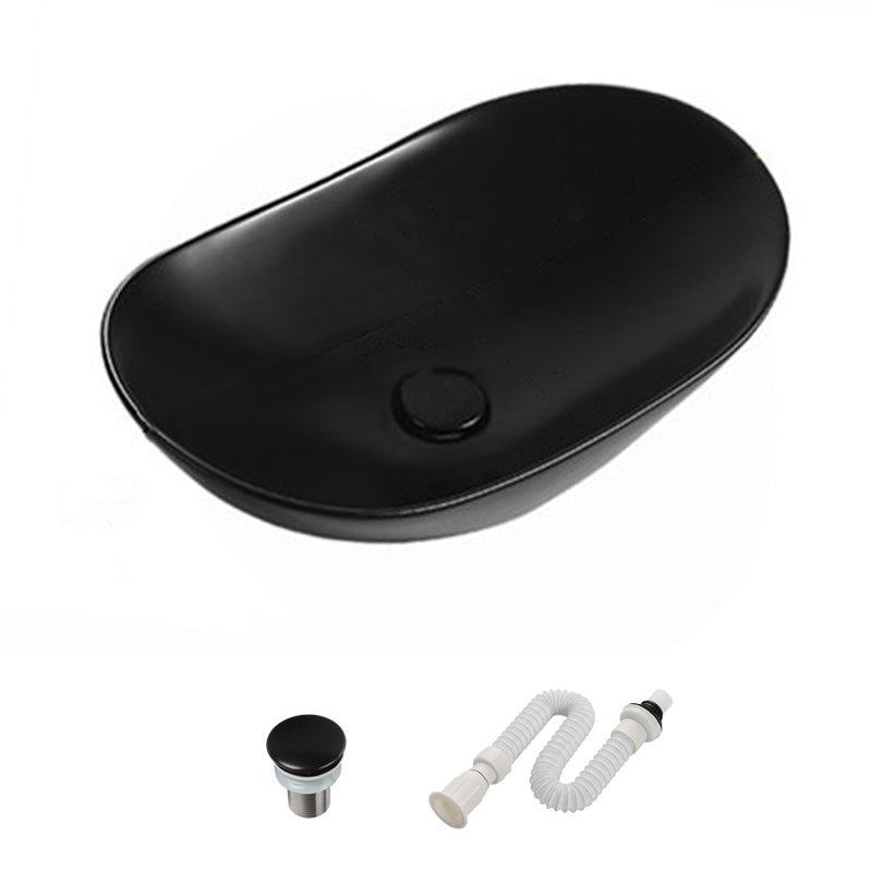 Modern Vessel Bathroom Sink Porcelain Oval with Pop-Up Drain and Faucet Vessel Sink