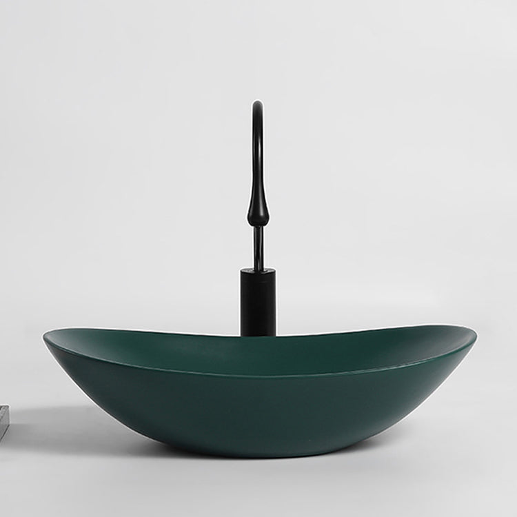 Modern Vessel Bathroom Sink Porcelain Oval with Pop-Up Drain and Faucet Vessel Sink