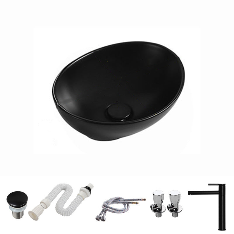 Modern Vessel Bathroom Sink Porcelain Oval with Pop-Up Drain and Faucet Vessel Sink