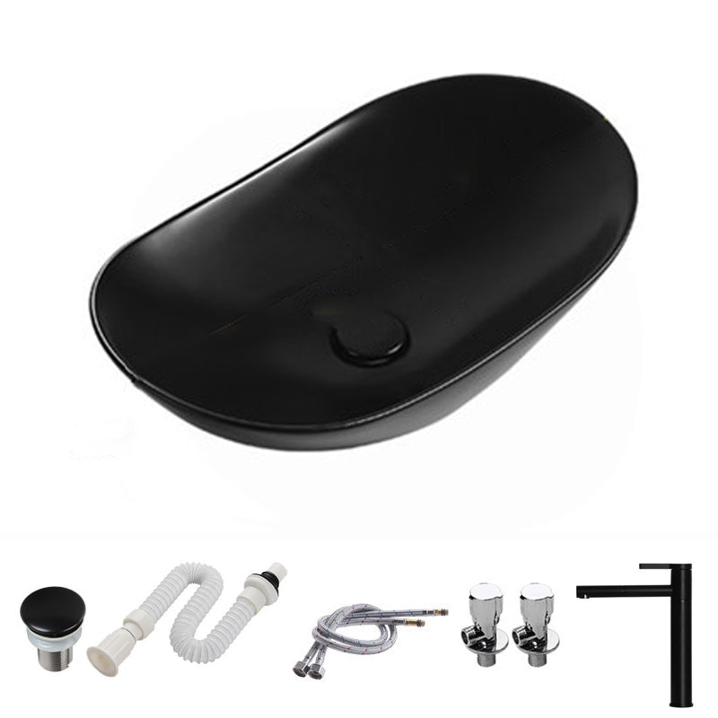 Modern Vessel Bathroom Sink Porcelain Oval with Pop-Up Drain and Faucet Vessel Sink