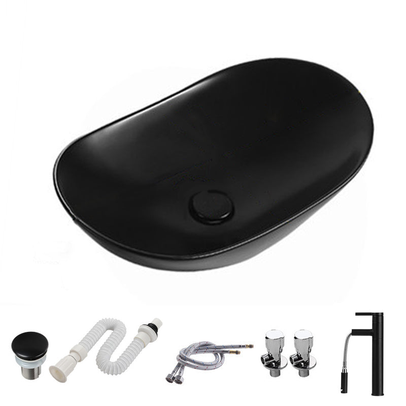 Modern Vessel Bathroom Sink Porcelain Oval with Pop-Up Drain and Faucet Vessel Sink