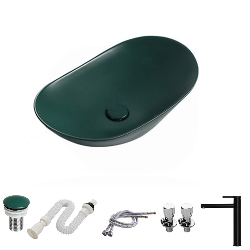 Modern Vessel Bathroom Sink Porcelain Oval with Pop-Up Drain and Faucet Vessel Sink