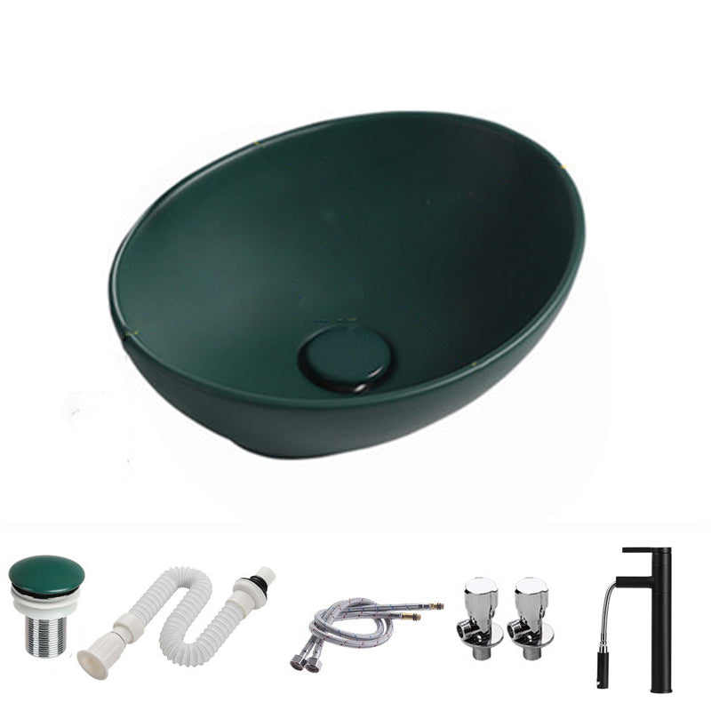Modern Vessel Bathroom Sink Porcelain Oval with Pop-Up Drain and Faucet Vessel Sink