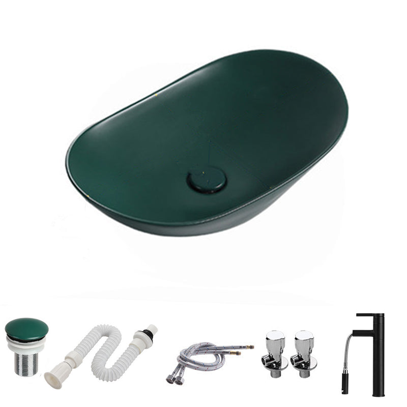 Modern Vessel Bathroom Sink Porcelain Oval with Pop-Up Drain and Faucet Vessel Sink