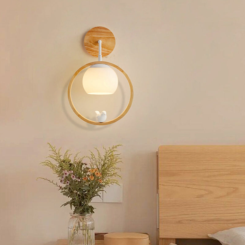 Modernism Wood Lighting Globe White Glass Shaded Wall Light for Foyer