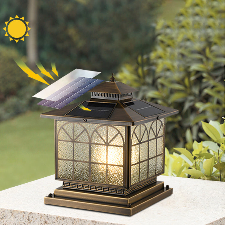 Geometric Shape Metal Solar Pillar Lamp Modern Style 1 Light Outdoor Light in Bronze