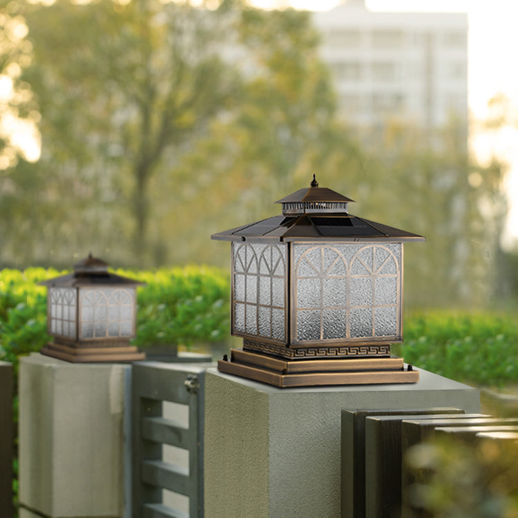 Geometric Shape Metal Solar Pillar Lamp Modern Style 1 Light Outdoor Light in Bronze