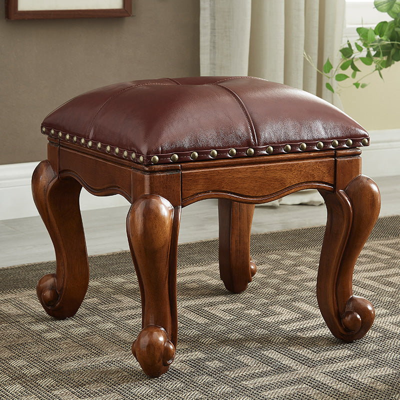 Mid-Century Modern Ottoman Genuine Leather Tufted Rectangle Ottoman with Nailhead Trim