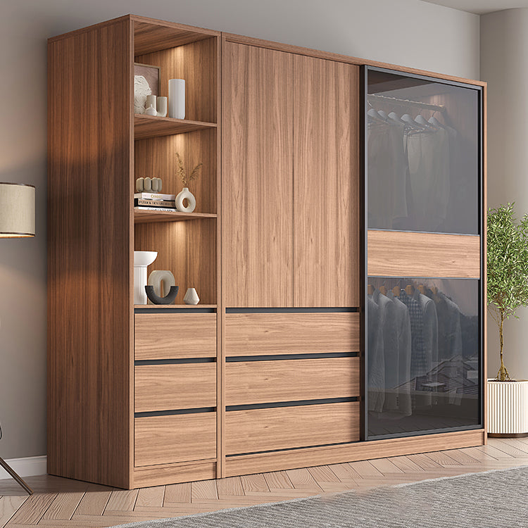 Glass and Wood Wardrobe Cabinet Brown Wardrobe Armoire with Garment Rod