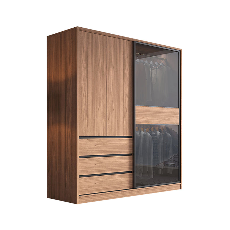 Glass and Wood Wardrobe Cabinet Brown Wardrobe Armoire with Garment Rod