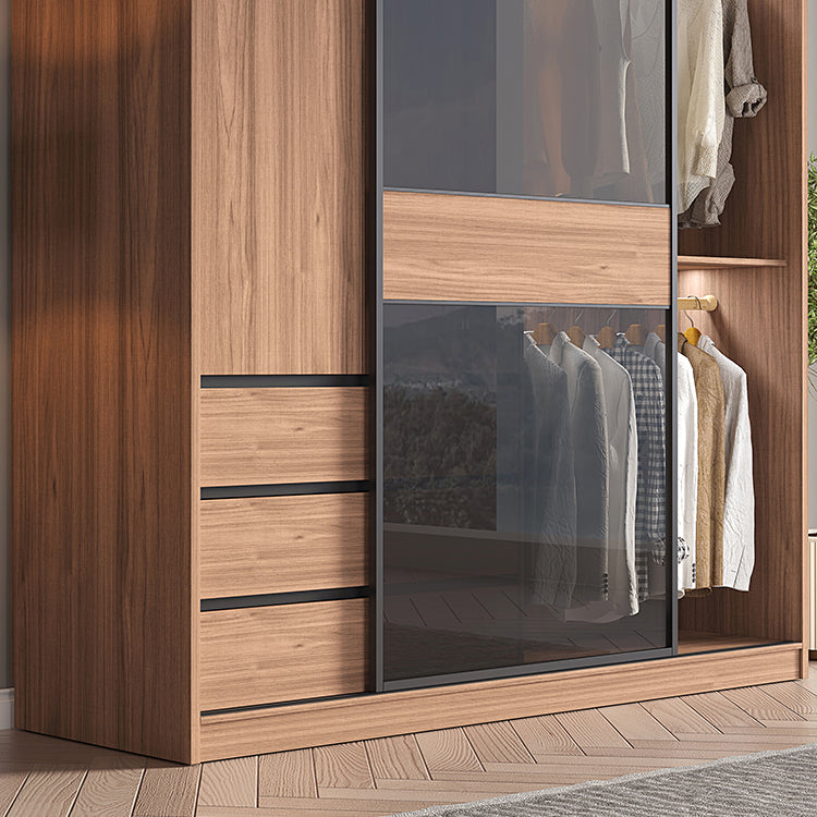 Glass and Wood Wardrobe Cabinet Brown Wardrobe Armoire with Garment Rod