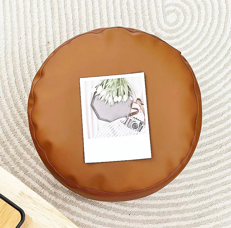 Modern Pouf Ottoman PU Leather Upholstered Solid Color Tear Resistant Round Ottoman